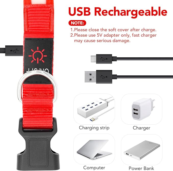 Vizpet LED Dog Collar, Light Up Dog Collar Adjustable USB Rechargeable Super Bright Safety Light Glowing Collars for Dogs(X-Large,Red)