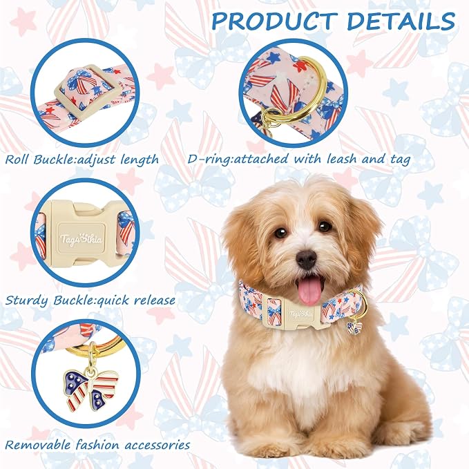 4th of July Independence Day Dog Collar, Cotton Adjustable Pet Collar for Small Medium Large Dogs, Patriotic Puppy Collar, Cute Summer Holiday Collars for Girl Boy Dogs-S