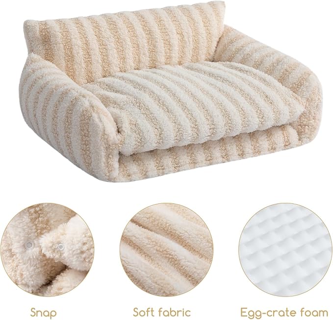Hollypet Cat Bed Fluffy Plush Multifunctional Double-Layer Machine Washable Soft Warming Kitty Pet Couch Orthopedic Nest Beds for Small Cats Kitten and Dogs up to 13lbs, Beige(21x15x8 inch)