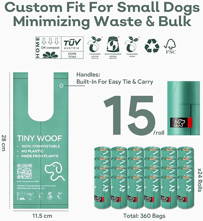 Small Dog Poop Bags, 360 Count Compostable Tie-Handle Rolls | Mini Dog Poop Bags for Small Dogs & Puppies (Chihuahua, Yorkie, Pomeranian, Toy Poodle, Maltese, Frenchie) | TINY WOOF