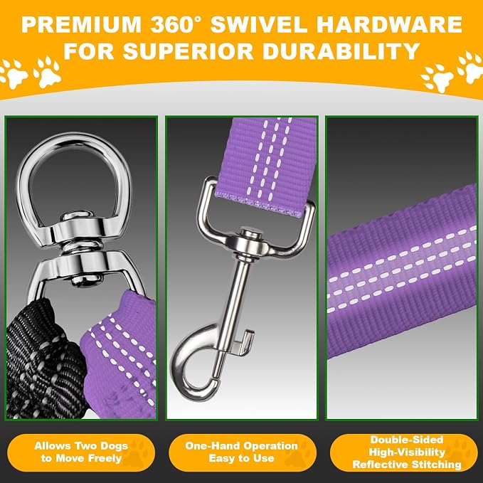 Double Dog Leash for Two Dogs, Professional No Tangle 360° Swivel Coupler with Shock Absorbing Bungee, Adjustable Length Dual-Sided Reflective Two Dogs Lead Splitter for Small Medium Large Dog