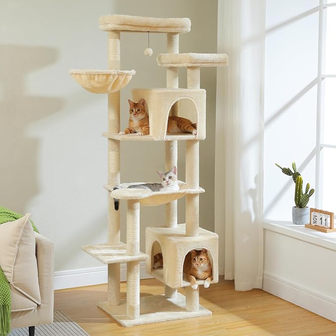 69” Tall Cat Tree for Indoor Cats Large Adult, Multi-Level Cat Tower with Scratching Post, Dual Top Perches, Big Hammock & 2 Spacious Condos, Cat Furniture for Multi-Cat Households, Beige