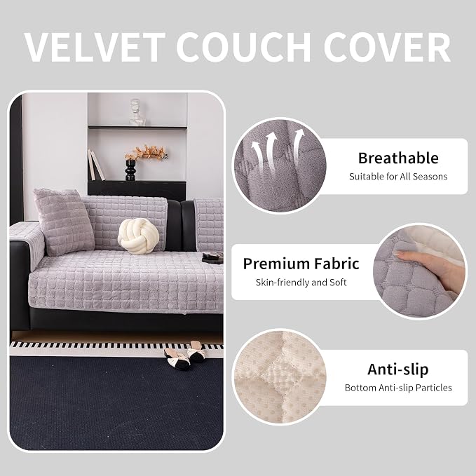 Velvet Couch Cover, Washable Sectional Sofa Cover, Anti Slip Sofa Slipcover for 3 Cushion Couch Sofa L Shaped Armrest Backrest, Furniture Protector Covers for Pets Kids(Light Grey, Only 1 PCS)