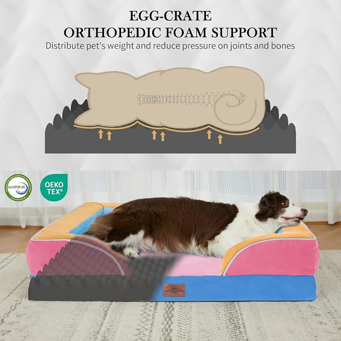 Comfort Expression Orthopedic Dog Bed for Large Dogs 36x27 Inch, Waterproof Egg Crate Foam Large Pet Bed with Bolsters, Dog Couch with Washable Cover & Non-Slip Bottom, Bubblegum Cove