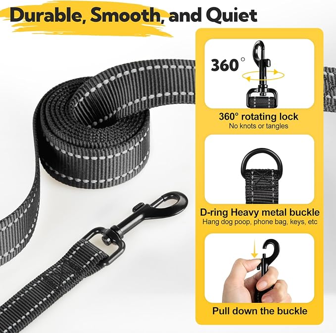 2-Handle Dog Leash Heavy Duty, Traffic Control & Night Safety Reflective Lead for Mid Large Dogs, Comfort Padded Grip Dog Leashes for Walking and Training(6 FT x 1" Wide Black+Grey)