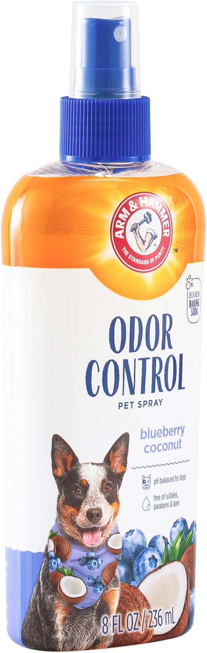 Arm & Hammer for Pets Odor Control Dog Spray with Baking Soda, Blueberry Coconut Scent, Dog Coat Deodorizer, pH Balanced, Free of Sulfates, Dyes and Parabens, 8 Fl Oz
