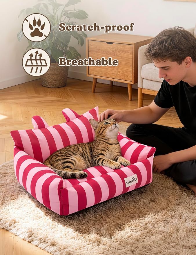 Cat Couch, Reversible Pet Bed for Indoor Cats – 2-Sided Cat Sofa with Oxford Fabric and Plush Fleece, Washable Small Dog Couch for Puppies and Senior Pets, Non-Slip Bottom, 22 inch, Pink Red