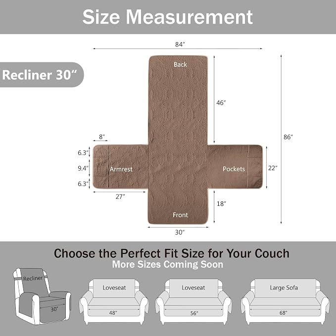 Toffee Quilted Recliner Covers, Camel Large Recliner Chair Covers, Lazy Boy Chair Covers, Pet Friendly Recliner Slipcover for Dogs, Washable Furniture Protector (Recliner 30", Raw Umber)