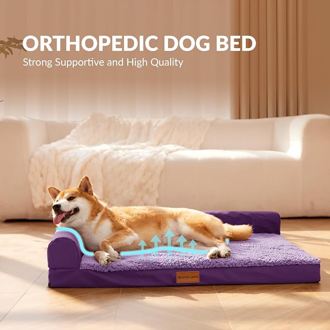 Patas Lague Orthopedic XL Dog Bed Large Sized Dog 42''X28'', Waterproof L Bolster Big Large Pet Sofa Beds with Removable Washable Cover, Soft Pet Couch Crate Mat with Nonskid Bottom, Purple