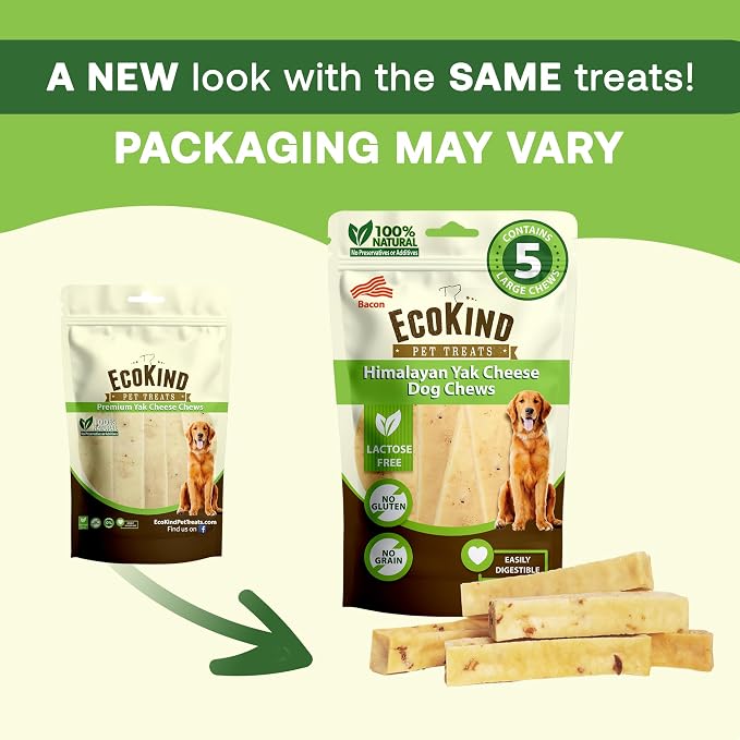 EcoKind Yak Cheese Himalayan Dog Chews, Yak Chews for Small Dogs, Long Lasting Bone for Aggressive Chewers, 4 Ingredients, Natural High Protein Treats, No Additives, Lactose Free, Bacon, Small 8 Chews