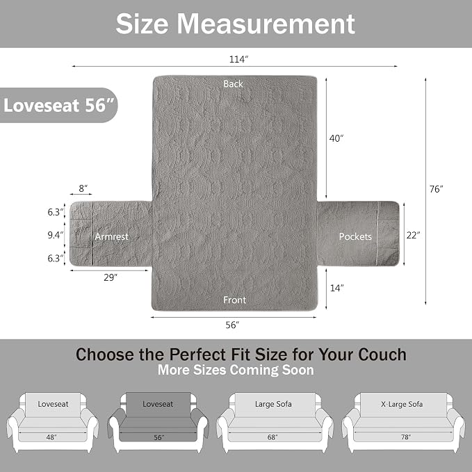 Gray Loveseat Covers 2 Cushion Couch, Water-Repellent Sofa Slipcover for Couch, Machine Washable Love Seat Quilted Couch Covers, Pet Friendly Loveseat Slipcovers (Loveseat 56", Cool Gray)