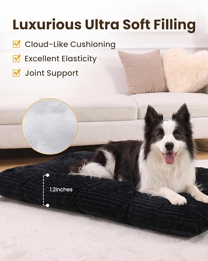 KSIIA Dog Crate Bed Washable Dog Beds for Large Dogs Deluxe Thick Flannel Fluffy Comfy Kennel Pad Anti-Slip & Anti-Scratch Pet Sleeping Mat, 35 x 23 Inch, Black