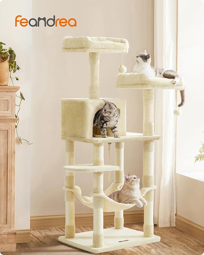 Feandrea Cat Tree, 55.8-Inch Cat Tower, Multi-Level Plush Condo with 11 Scratching Posts, 2 Perches, Hammock, Cave, Beige UPCT15BE