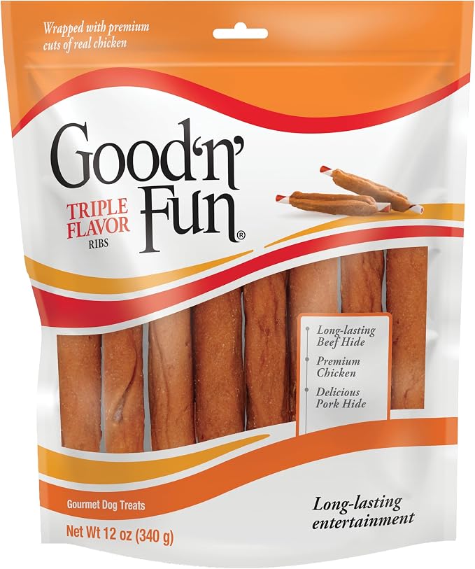 Good 'n' Fun Ribs Long-Lasting Dog Treat, With Real Proteins, Beef Hide and Premium Chicken, Supports Dental Health, Mental Stimulation, 12 oz