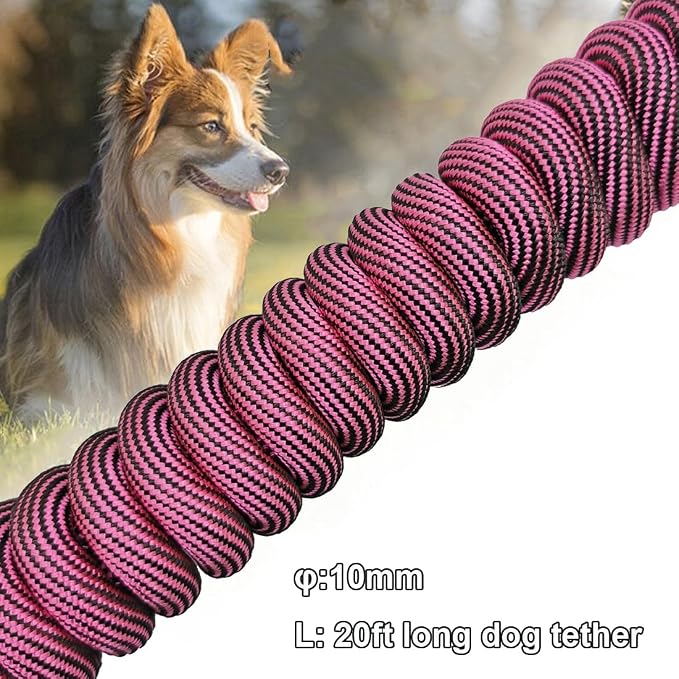 BTINESFUL 8ft/12ft/20ft/30ft/50ft/75ft Dog Tie-Out Long Tether Rope Leash, Outdoor Dog Lead for Yard- Large Medium Dogs Training, Playing, Camping, Backyard (20 Foot, Pink Black)