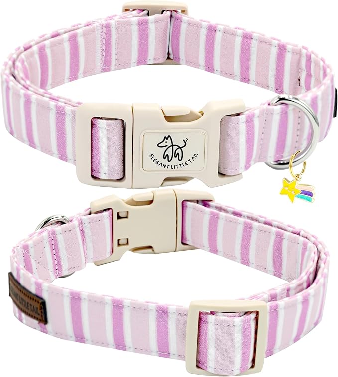 Elegant little tail Dog Collar, Cute Pink Strip Pattern Pet Collars Soft Girl or Boy Adjustable Cotton Puppy Collar with Quick Release Buckle for Medium Dogs