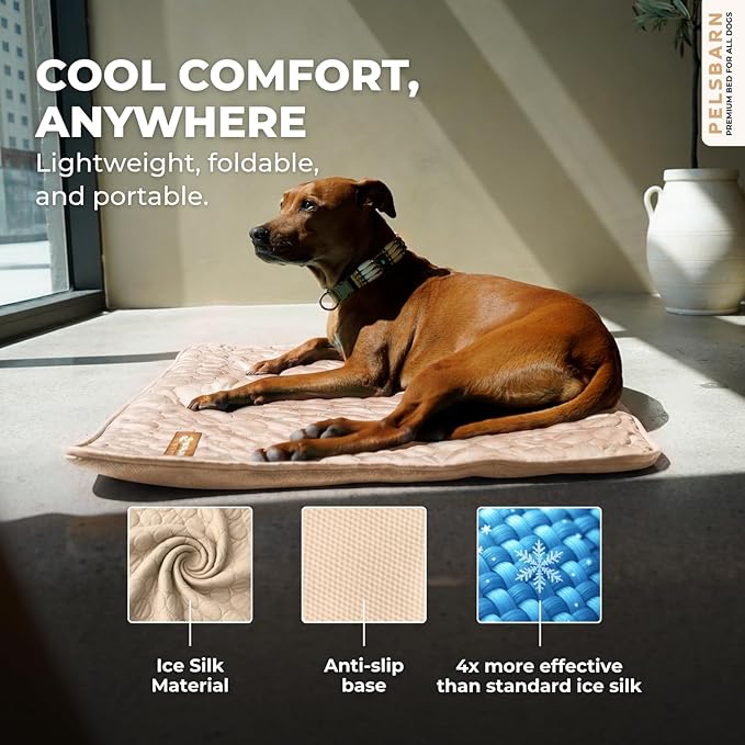Pelsbarn Dog Cooling Mat- Ice Silk Summer Comfort, Self Cooling, Non-Slip Dog Pad, Durable & Washable, Mat for Large Dogs 25 x 37, Support Shelter Dogs with Every Purchase (Beige)
