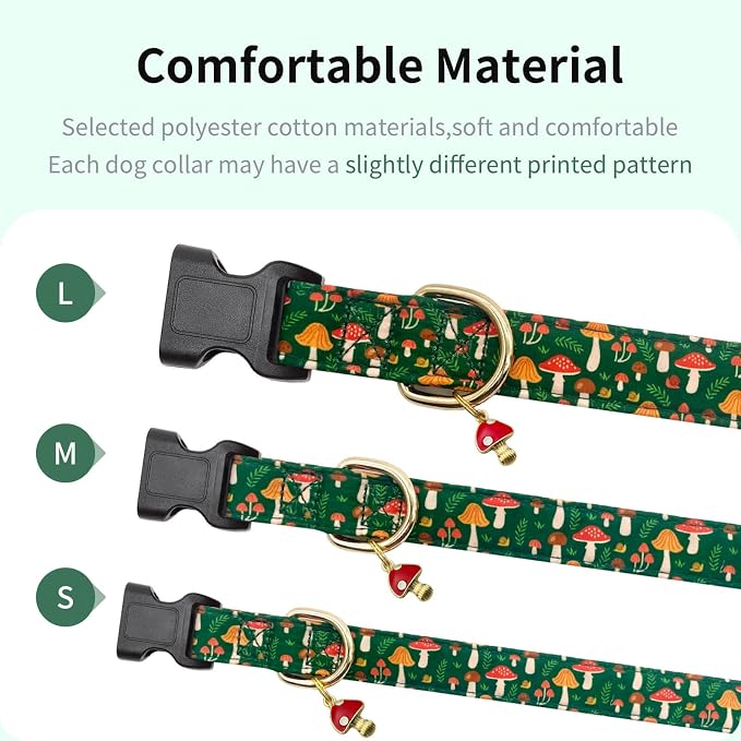 Fall Dog Collar,Cute Spring Cotton Puppy Collars with Mushroom Patterned Design for Girl Female Boy Dogs,Adjustable Buckle Pet Collar for Small Medium Large Dogs (Green Mushroom, Medium)