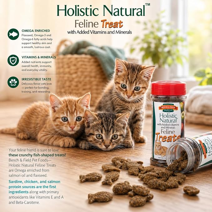 Bench & Field Holistic Natural Healthy Kitty Cat Treats | Crunchy Fish-Shaped Bites | Delicious Seafood Flavored Snack, 3-Ounce (Pack of 3 Bottles)