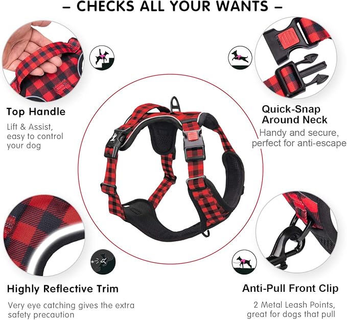 PoyPet No Pull Dog Harness, [Release at Neck] Reflective Adjustable No Choke Pet Vest with Front & Back 2 Leash Attachments, Soft Control Training Handle, Plaid(Checkered Red, L)