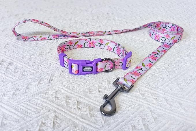 Dog Collar Leash Set, Floral Pattern, Polyester Material, Adjustable Collar and 5ft Matchcing Leash, for Medium Dogs.(M, Purple Lily)