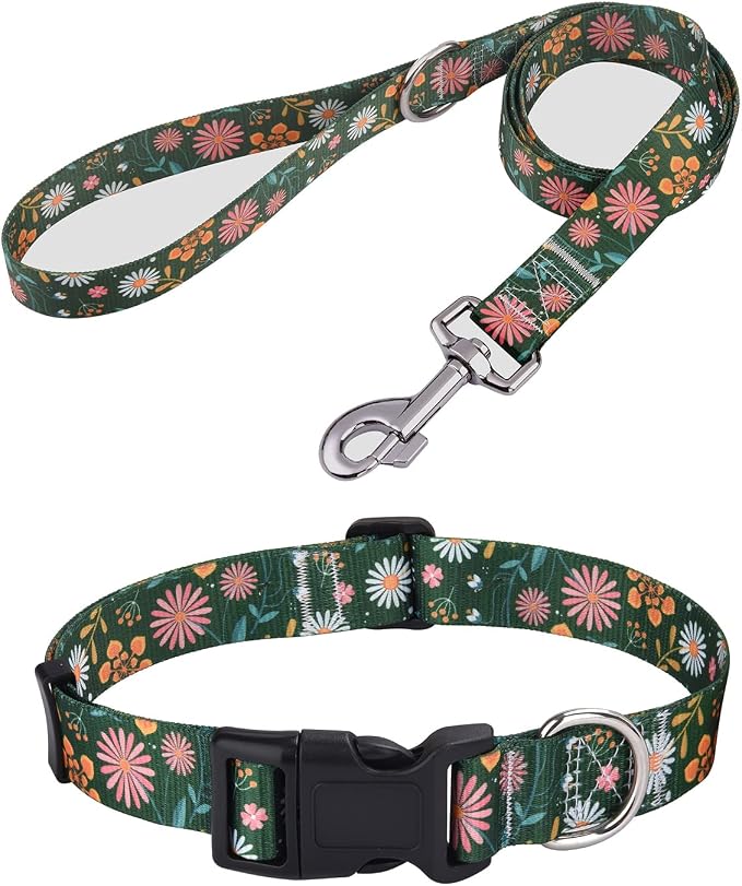 Mihqy Dog Collar and Leash Set with Bohemia Floral Tribal Geometric Patterns - Soft Ethnic Style Collar Adjustable for Small Medium Large Dogs(Dark Green Flower Set,L)