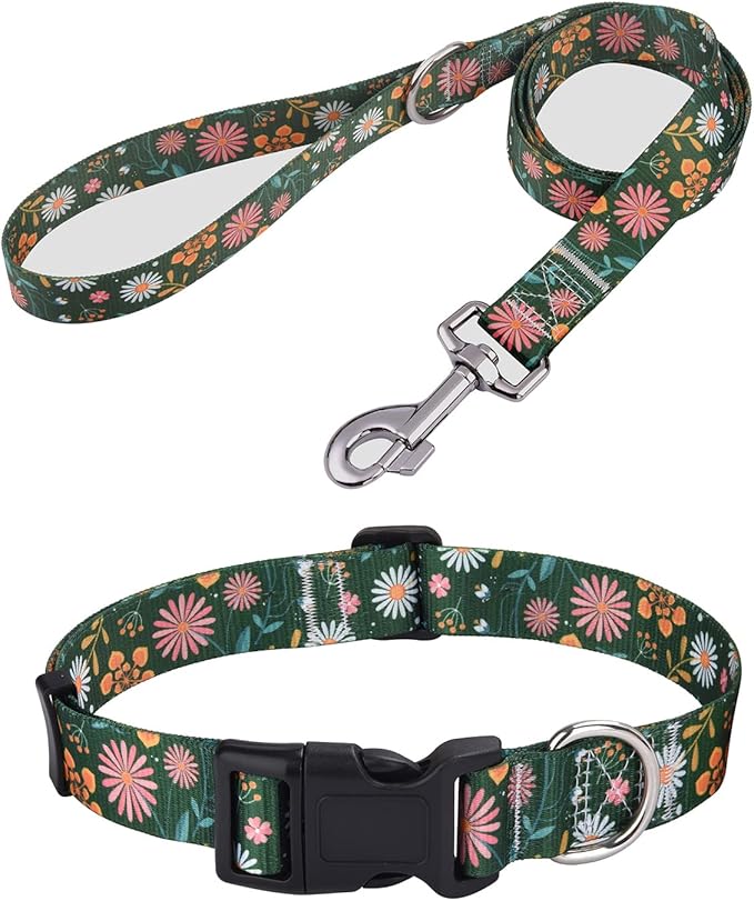 Mihqy Dog Collar and Leash Set with Bohemia Floral Tribal Geometric Patterns - Soft Ethnic Style Collar Adjustable for Small Medium Large Dogs(Dark Green Flower Set,M)