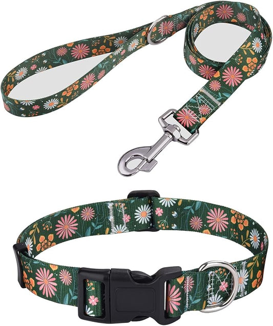 Mihqy Dog Collar and Leash Set with Bohemia Floral Tribal Geometric Patterns - Soft Ethnic Style Collar Adjustable for Small Medium Large Dogs(Dark Green Flower Set,M)