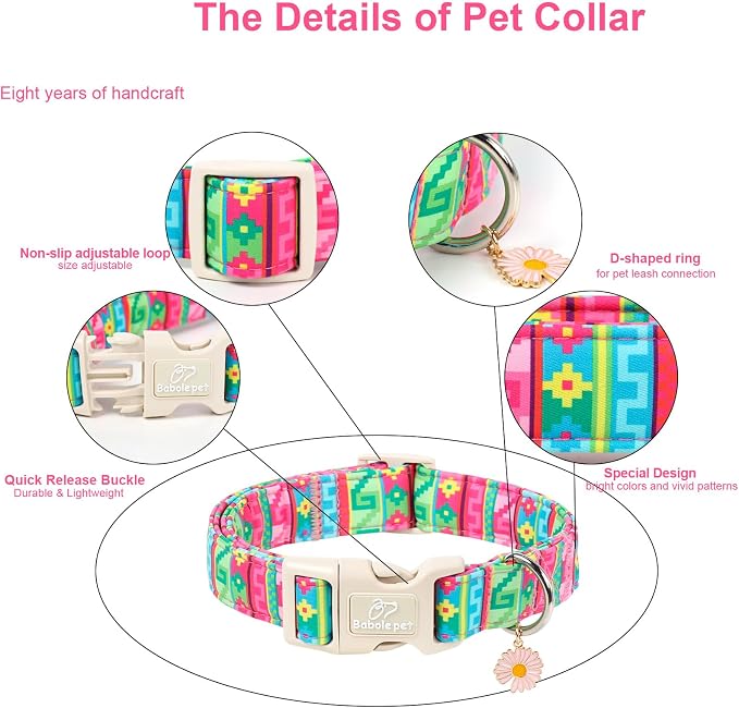 Summer Dog Collar Colorful Geometric Dog Collars for Giant Large Dogs - Lightweight Adjustable Mexican Boho Male Female Dogs Holiday Collar with Safety Buckle XL