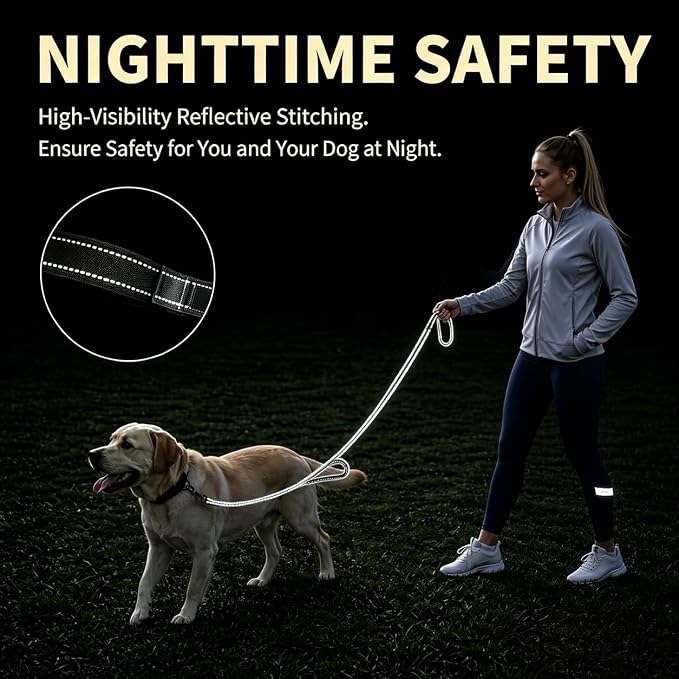 2 Pack Dual Handle Dog Leash, 6ft x 1in Heavy Duty Reflective Nylon Leash with Padded Grip, Traffic Handle, D-Ring, Tangle-Free Dog Lead for Small, Medium & Large Dogs, Safe Night Walks (Black+Black)