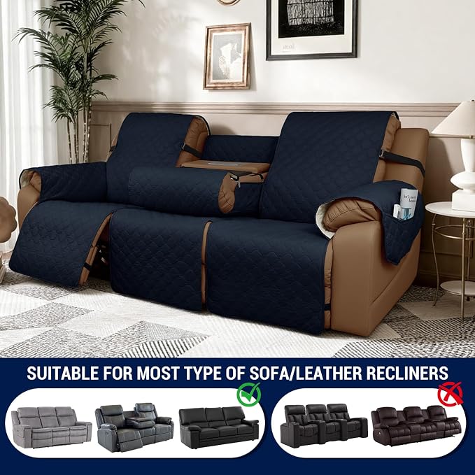 Waterproof Recliner Sofa Covers with Flipped Middle Backrest Washable Recliner Couch Covers Non-Slip with Elastic Straps Furniture Protector for Kid Dogs Pets (Navy Blue)