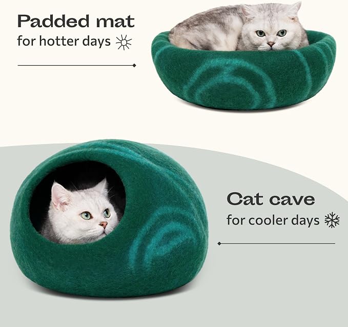 MEOWFIA Cat Cave – Premium Felt Cat Enclosure for Indoor Cats, Handmade Merino Wool (Emerald, Medium)