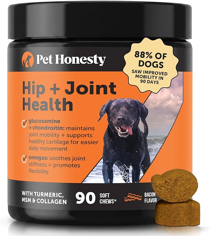 Hip + Joint Supplement for Dogs with Glucosamine Chondroitin - MSM, Turmeric & Collagen Soft Chews - Joint Function, Stiffness, and Mobility Support, May Reduce Occasional Discomfort (Bacon, 90 Ct)
