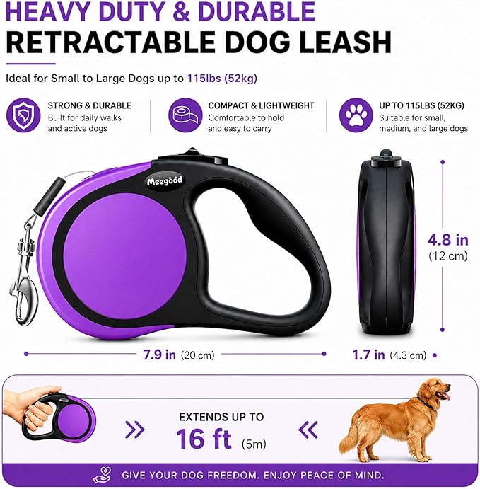 Heavy Duty Retractable Dog Leash-16ft Strong & Durable Walking Leash for S to L Dogs up to 45/115 lbs, Upgraded Lock System, Non Slip Grip, Tangle Free (Purple, Medium-Large Sized)