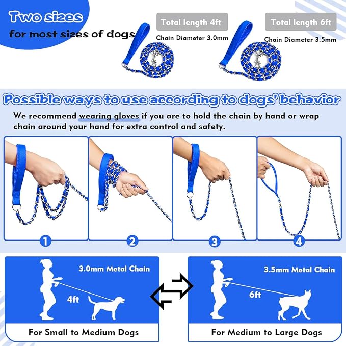 Heavy Duty Metal Dog Chain Leash with Comfortable PU Leather Padded Handle, Chew Proof for Medium Large Pooch Walking Training (6FT 3.0mm Blue)