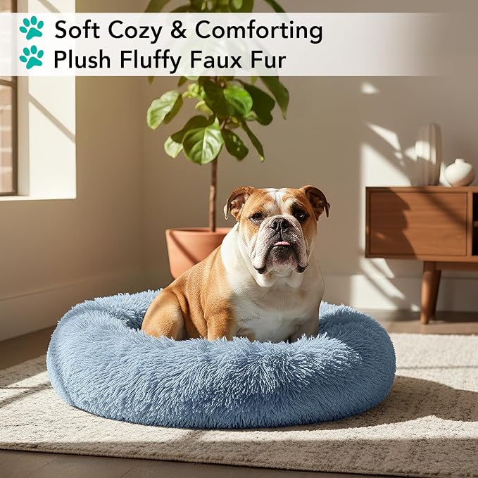 PetAmi Calming Dog Bed for Small & Medium Dogs, Cats & Puppy, Warming Round Donut Cuddler Bed, Anti-Anxiety Fluffy Shaggy Faux Fur Pet Bed, Machine Washable, Non-Slip Bottom, 30 Inch - Blue
