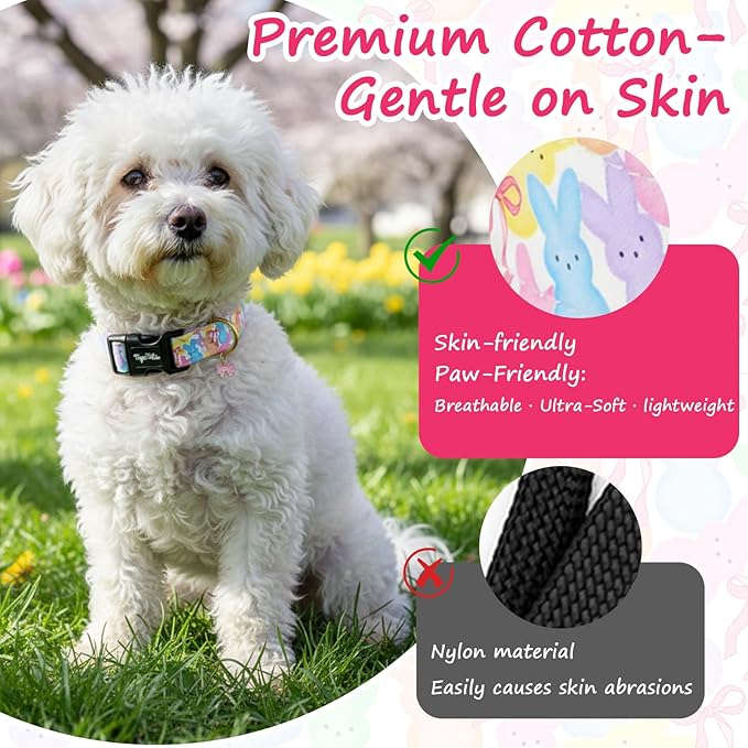 Easter Dog Collar with Cute Bunny & Bow Patterns, Small Dog Collar with Exquisite Pendant, Durable Adjustable Collars for Easter Gifts & Daily Use-S