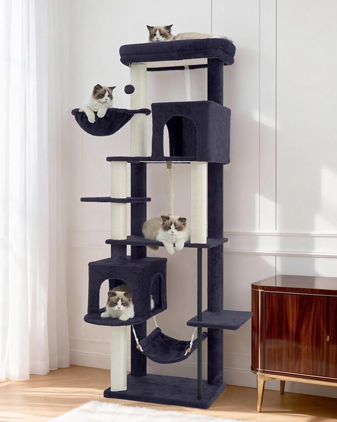 Gitelsnour Cat Tree for Indoor Cats Large Adult, 70.5'' Cat Tower with Scratching Post, Sturdy Steel Pube Cat Tree Tower with Large Playing Platfrom, Hammock and Basket, Top Perch, Drak Gray GCT024G