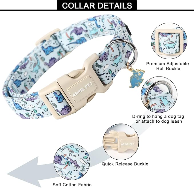 ARING PET Dinosaur Dog Collar-Cute Boy Dog Collar for Small Dogs, Adjustable Dinosaur Print Pet Collars Puppy Collar for Small Medium Large Dogs