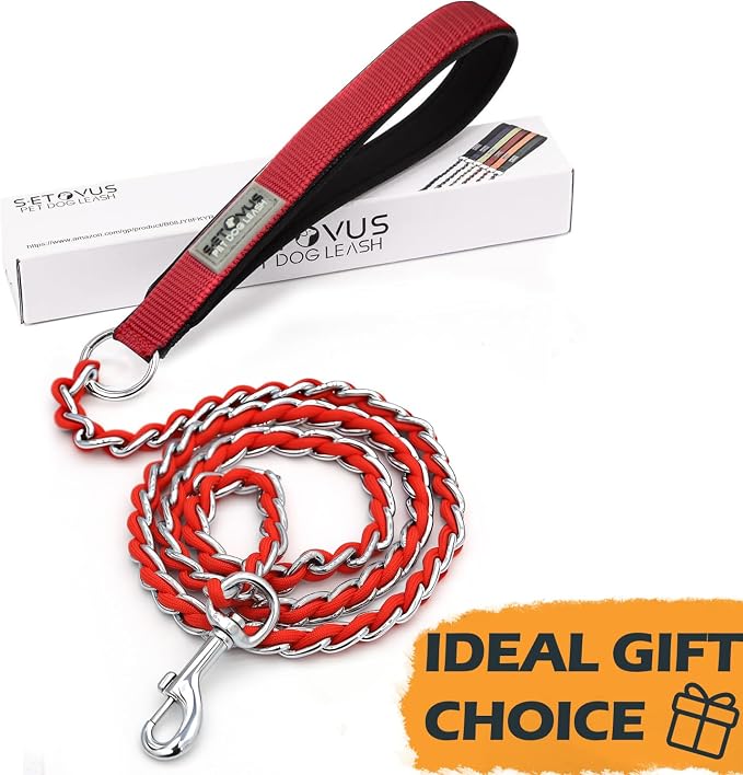 Chain Dog Leash Chew Proof Metal Leash for Medium Large Dogs, Chain Link Dog Anti Chew 5.2FT / 4FT Strong Anti Bite Comfortable Soft Padded Handle (red, 4FT(30-80lb)