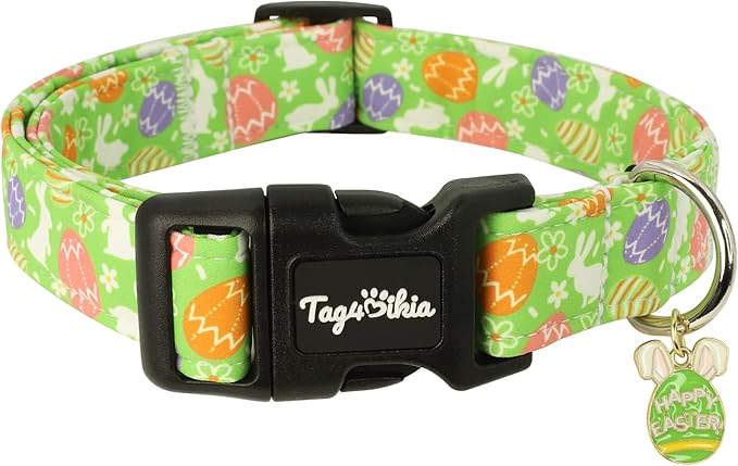 Easter Dog Collar with Cute Easter Bunny & Eggs Patterns, Small Green Dog Collar with Exquisite Pendant, Durable Adjustable Collars for Easter Gifts & Daily Use-S