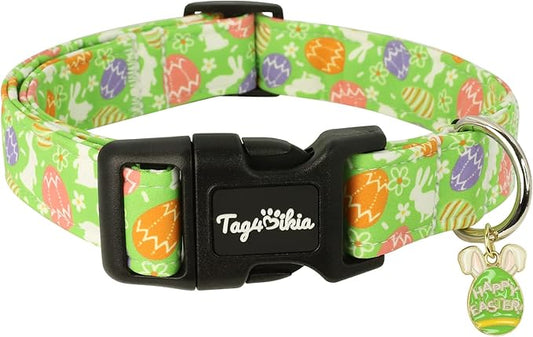 Easter Dog Collar with Cute Easter Bunny & Eggs Patterns, Small Green Dog Collar with Exquisite Pendant, Durable Adjustable Collars for Easter Gifts & Daily Use-S