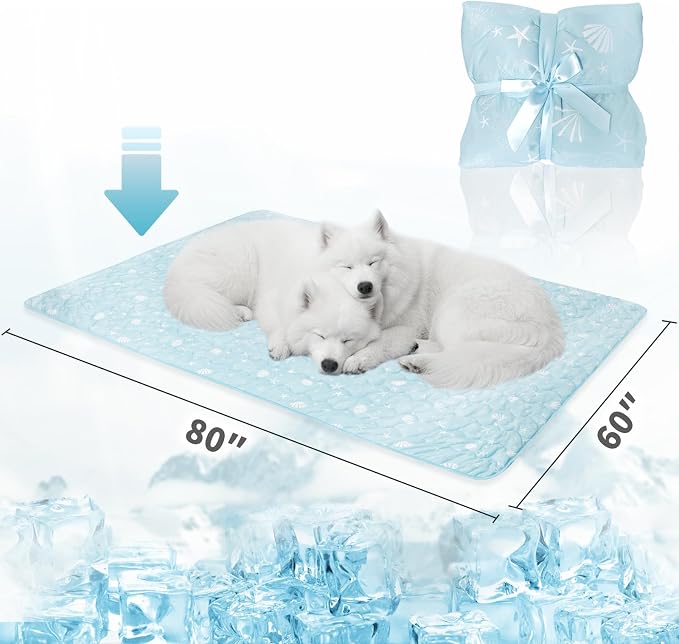 NWK Dog Cooling Blanket, Q-Max>0.345, Ice Silk Cool to Touch Material, Reversible Breathable Bed Cover, Furniture Protector Couch Sofa for Summer, Machine Washable (Ocean Blue,60'' X 80'')