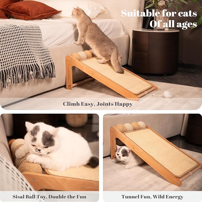 CHEERHOME PETS Sisal Cat Scratcher Ramp with Balls, 24.8" L Shape Cat Scratching Post Climbing Scratch for Indoor Cats, Solid Wooden Cat Furniture(Upgraded)