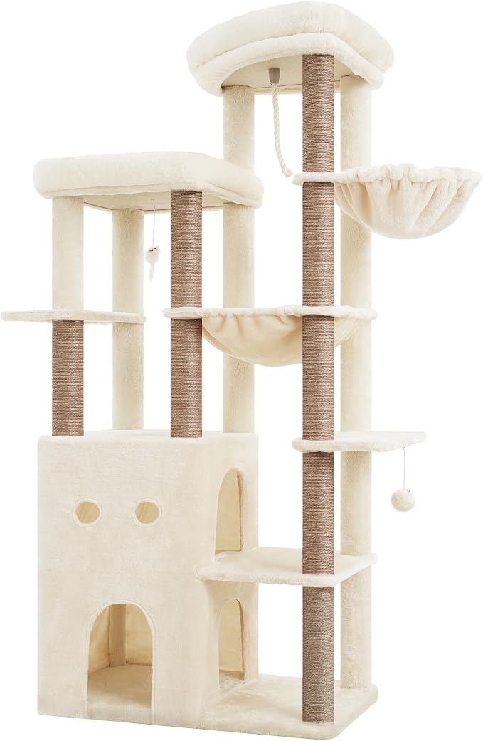 Heybly Cat Tree, 69.7 inches Secure Anti-Tip Cat Tower for Large Cats, Expansive Cat Furniture with Dual-Tier Cat Condo Villa, 2 Top Perches, Hammock & Full Sisal Scratching Posts Beige HCT065MJ