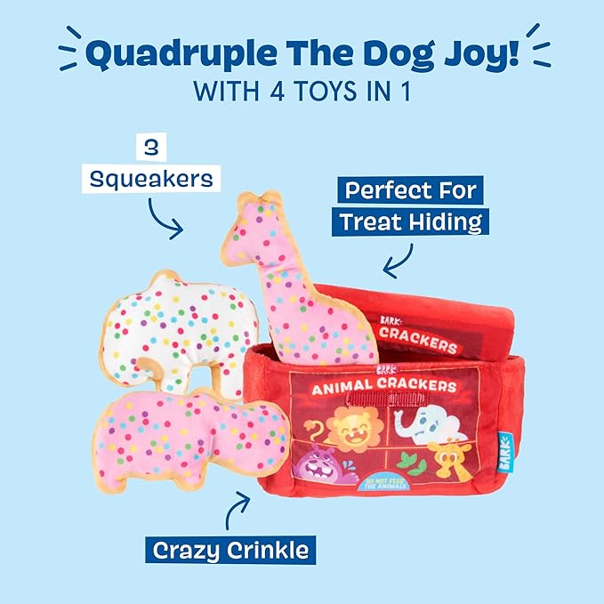 Barkbox Animal Squeakers 4-in-1 Interactive Plush Dog Toy - Squeaky Dog Toys with Crinkle Box and Treat-Hiding - for Extra Small to Small Dogs and Puppies