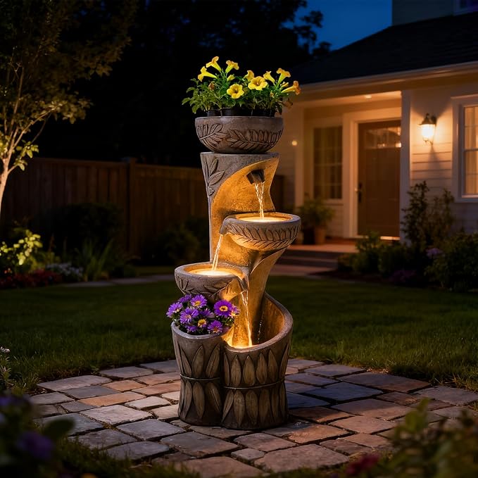 4 Tiered Water Fountain Outdoor, 35.6" Tall Cascading Bowl Leaf Carved Outdoor Waterfall Fountains Modern Water Feature with Dual Planters for Garden, Patio,Deck, Yard, Indoor Decor