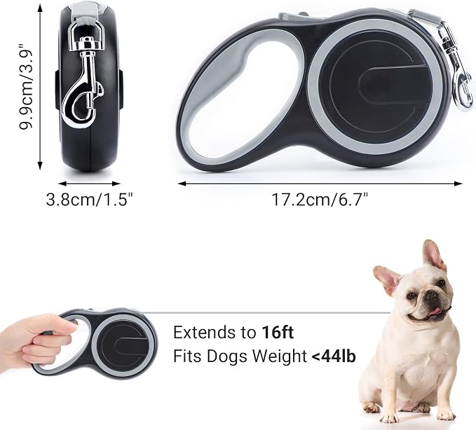 Segarty Retractable Dog Leash, 16ft Heavy Duty Walking Dog Leash for Medium Small Dogs up to 44lb, Anti-Slip Handle 360°Tangle-Free Nylon Tape, One-Handed One Button Lock and Release (Gray)