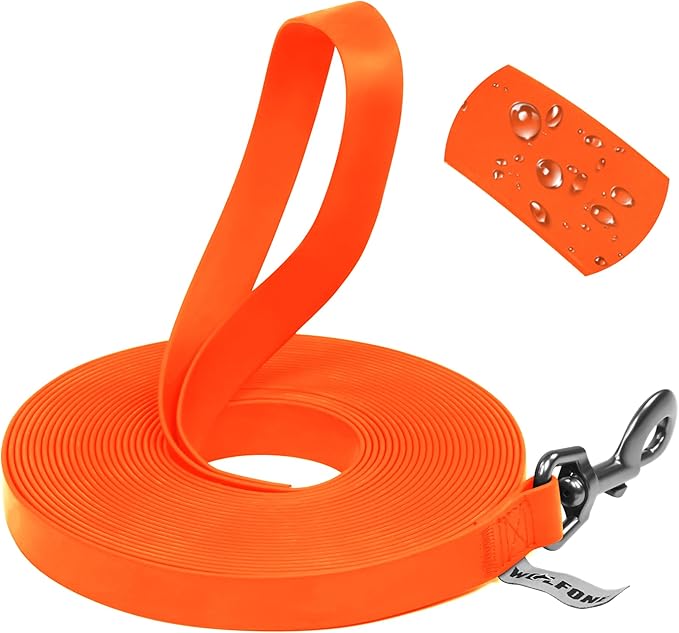 Wolfone 50ft Orange Long Leash - Waterproof Training Dog Leash for Recall, Swimming, Camping, Beach, Hunting, Walking