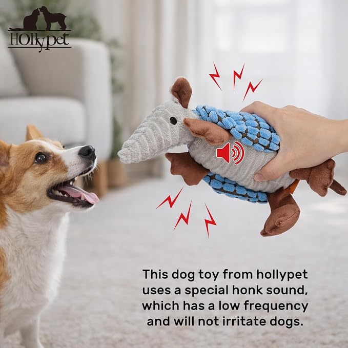 Hollypet Plush Dog Squeaky Toy Stuffed Armadillo Animal Pet Puppy Chew Toys with Clean Teeth for Small Medium Large All Breed Sizes Dogs, Sea Foam, 8 in
